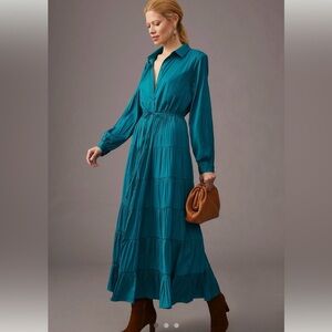 Anthropologie Teal Collared Tiered Maxi Dress